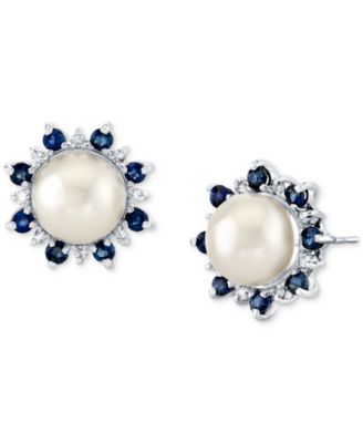 Macy's - Cultured Freshwater Pearl (8mm), Blue Sapphire (1 ct. t.w.) & Diamond (1/8 ct. t.w.) Stud Earrings in 14k White Gold