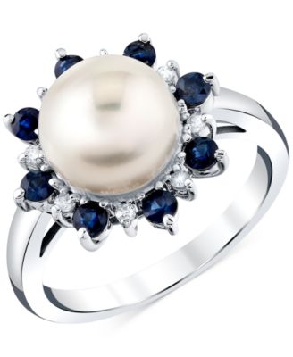 Macy's - Cultured Freshwater Pearl (9mm), Blue Sapphire (5/8 ct. t.w.) & Diamond Accent Ring in 10k White Gold