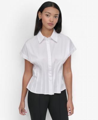 DKNY - Petite Cotton Cap-Sleeve Button-Front Shirt