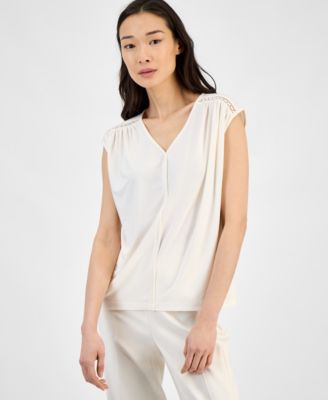 Anne Klein - Petite V-Neck Sleeveless Extended-Shoulder Top