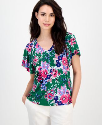 AK Anne Klein - Petite Printed V-Neck Flutter-Sleeve Top