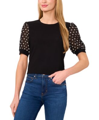 CeCe - Women's Puff-Sleeve Mixed-Media Crewneck Top