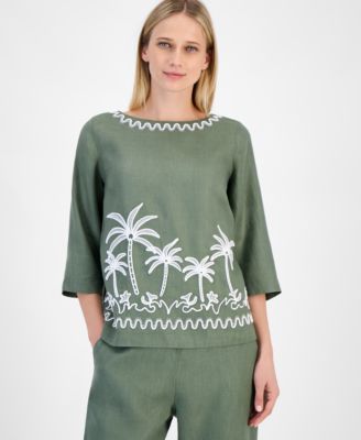 Charter Club - Women's Palm-Applique Linen Top