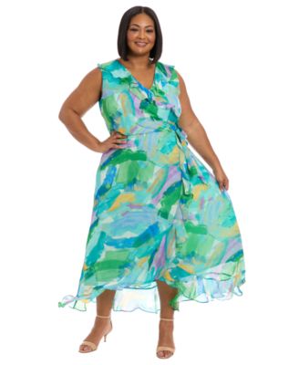 London Times - Plus Size Printed Ruffled Wrap Dress