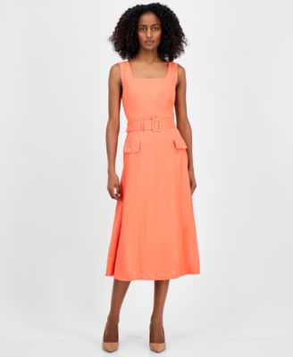 Tahari ASL - Women's Sqaure-Neck Belted Midi Dress