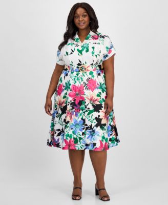 Tahari ASL - Plus Size Printed Belted Midi Shirtdress