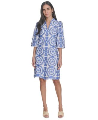 Jessica Howard - Women's Embroidered 3/4-Sleeve Sheath Cotton Dress