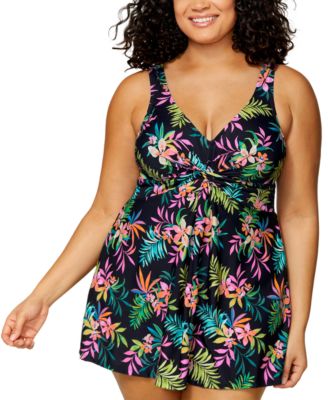 Island Escape - Plus Size Magnolia Twist-Front Underwire Swim Dress, Exclusively at Macys