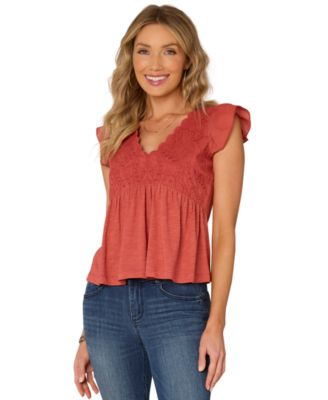 Democracy - Petite Embroidered Cotton Flutter-Sleeve Top