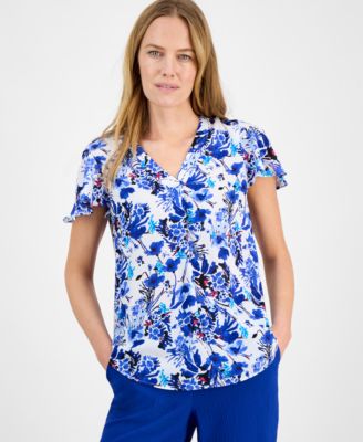 AK Anne Klein - Women's Printed Flutter-Sleeve Tunic