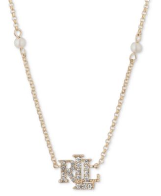 Lauren Ralph Lauren - Gold-Tone Pav&eacute; Logo & Imitation Pearl Pendant Necklace, 16" + 3" extender