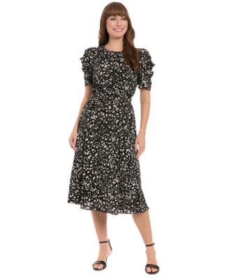 London Times - Women's Printed Ruched-Sleeve Midi Dress
