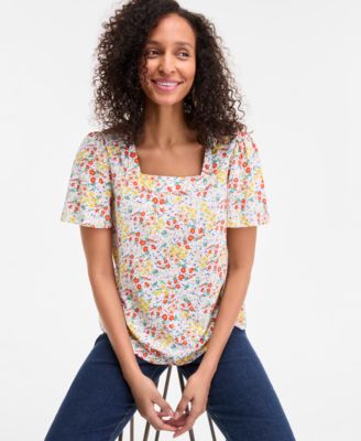 Style & Co - Women's Printed Square-Neck Flutter-Sleeve Top