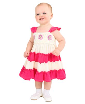 Rare Editions - Baby Girls Flower Crochet Cotton Tiered Dress