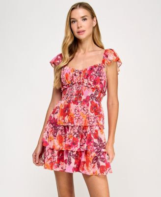 City Studios - Juniors' Floral Glitter-Dot Tiered Dress
