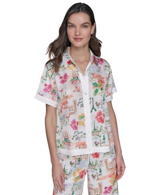 KARL LAGERFELD PARIS - Petite Short-Sleeve Multi-Print Camp Shirt
