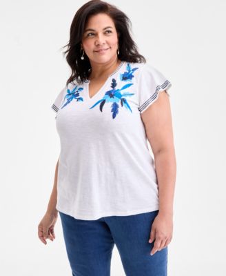 Style & Co - Plus Size Dainty Striped Jacquard Flutter-Sleeve Cotton Top