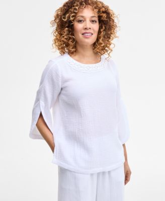JM Collection - Women's Embellished Cotton Gauze Top, Exclusively at Macy's