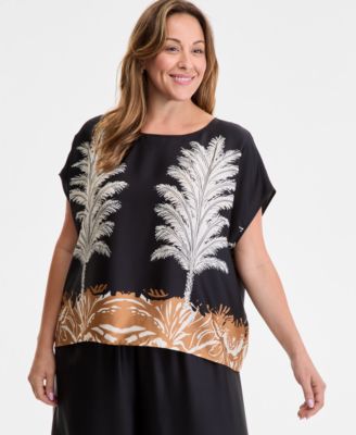 Vince Camuto - Plus Size Placed-Print Boat-Neck Caftan Blouse