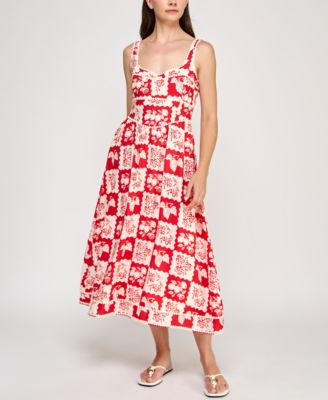 Planet Gold - Juniors' Floral-Print Pom Pom-Trim Dress