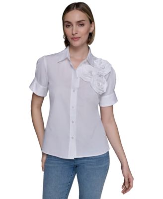 KARL LAGERFELD PARIS - Women's Cotton Floral-Appliqu&eacute; Shirt