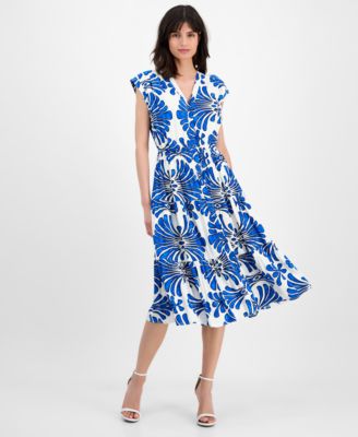 T Tahari - Women's V-Neck Button-Front Fanned-Print Midi Dress