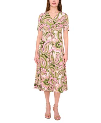 MSK - Women's Printed V-Neck Short-Sleeve Midi Dress