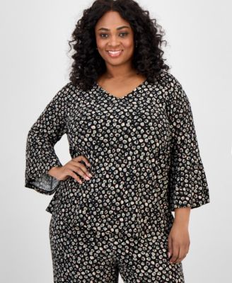 Kasper - Plus Size Printed Bell-Sleeve Blouse