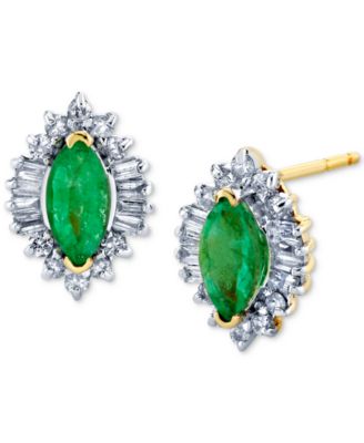 Macy's - merald (3/4 ct. t.w.) & Diamond (3/8 ct. t.w.) Baguette Halo Stud Earrings in 10k Gold