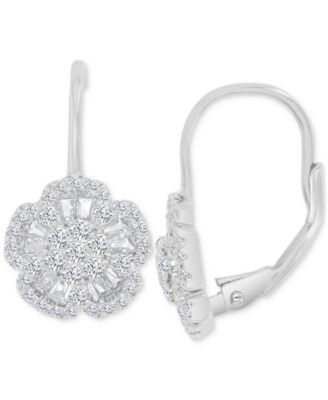 Macy's - Cubic Zirconia Round & Baguette Flower Motif Leverback Drop Earrings