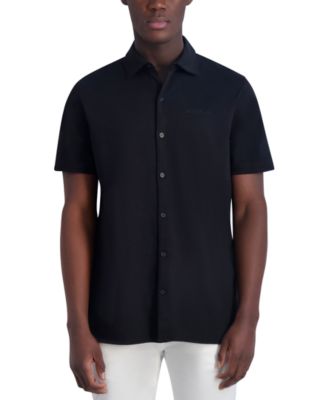 KARL LAGERFELD PARIS - Men's Short Sleeve Collared Knit Button Front T-Shirt