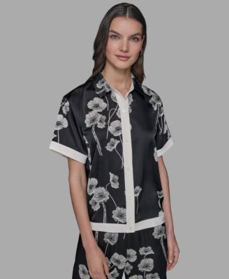 KARL LAGERFELD PARIS - Petite Short-Sleeve Multi-Print Camp Shirt