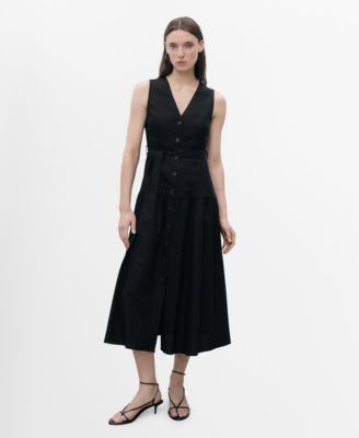 MANGO - Women's Belt Linen Blend Midi Dress