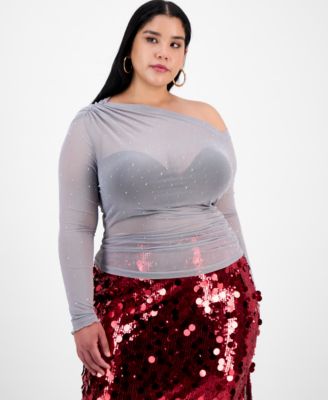 Bar III - Trendy Plus Embellished Off-Shoulder Mesh Top