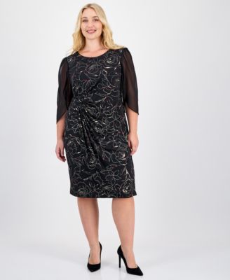 Connected - Plus Size Sheer-Sleeve Printed Side-Tab Dress