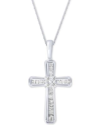 Macy's - Diamond Baguette Cross Adjustable Pendant Necklace (1/5 ct. t.w)