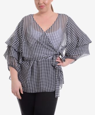 NY Collection - ]Plus Size Gingham-Print Wrap Top