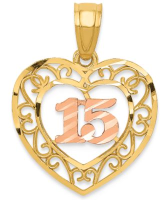Macy's - Diamond-cut "15" Heart Charm Pendant in 14k Yellow & Rose Gold