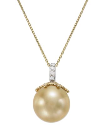 Macy's - 14k Gold Golden South Sea Pearl (14mm) and Diamond Accent Crown Pendant Necklace