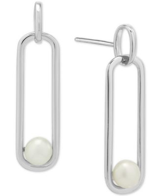 Macy's - Cultured Freshwater Button Pearl (5mm) Paperclip Drop Earrings in Sterling Silver or 14K Yellow Gold Over Silver