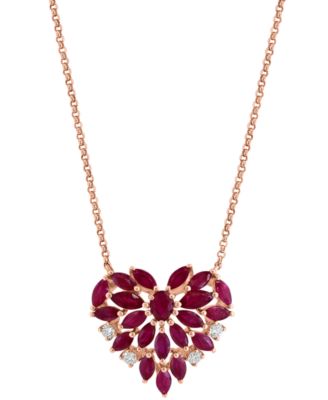 EFFY Collection - Ruby (2-1/3 ct. t.w.) & Diamond (1/8 ct. t.w.) Heart Cluster 18" Pendant Necklace in 14k Rose Gold
