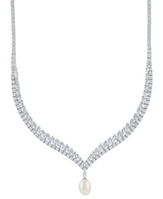 Arabella - Cultured Freshwater Pearl (9x11mm) & Cubic Zirconia 17" Collar Necklace in Sterling Silver