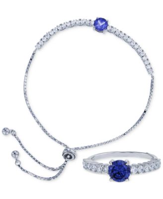 Macy's - 2-Pc. Set Blue & White Cubic Zirconia Ring & Bolo Bracelet in Sterling Silver