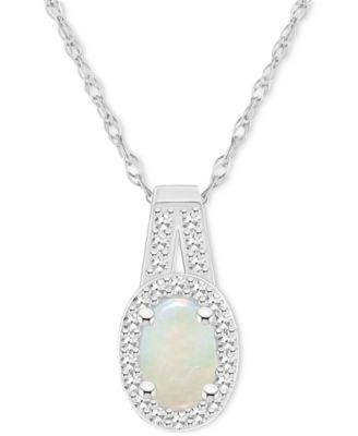 Macy's - Opal (1/4 ct. t.w.) & Diamond (1/8 ct. t.w.) Halo 18" Pendant Necklace in Sterling Silver, (Also in Aquamarine)