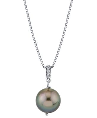 Macy's - Black Cultured Tahitian Pearl (10mm) & Diamond Accent 18" Pendant Necklace in Sterling Silver