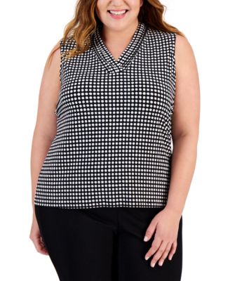 Anne Klein - Plus Size Printed Triple-Pleat V-Neck Top