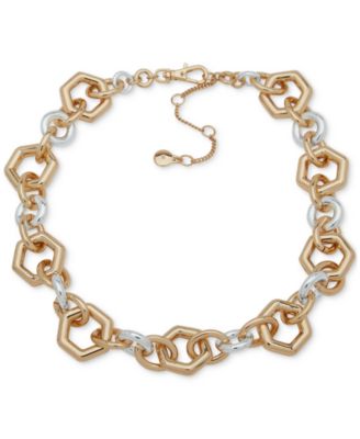 DKNY - Two-Tone Circle & Hexagon Link Collar Necklace, 16" + 3" extender