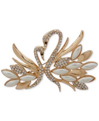 Anne Klein - Gold-Tone Imitation Pearl Crystal Swans Pin