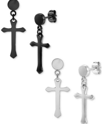 Blackjack - 2-Pc. Set Men's Cross Chain Drop Earrings in Stainless Steel & Black Ion-Plated Stainless Steel