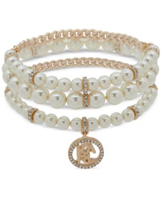 KARL LAGERFELD PARIS - Gold-Tone 3-Pc. Set Pav&eacute; Logo & Imitation Pearl Stretch Bracelets